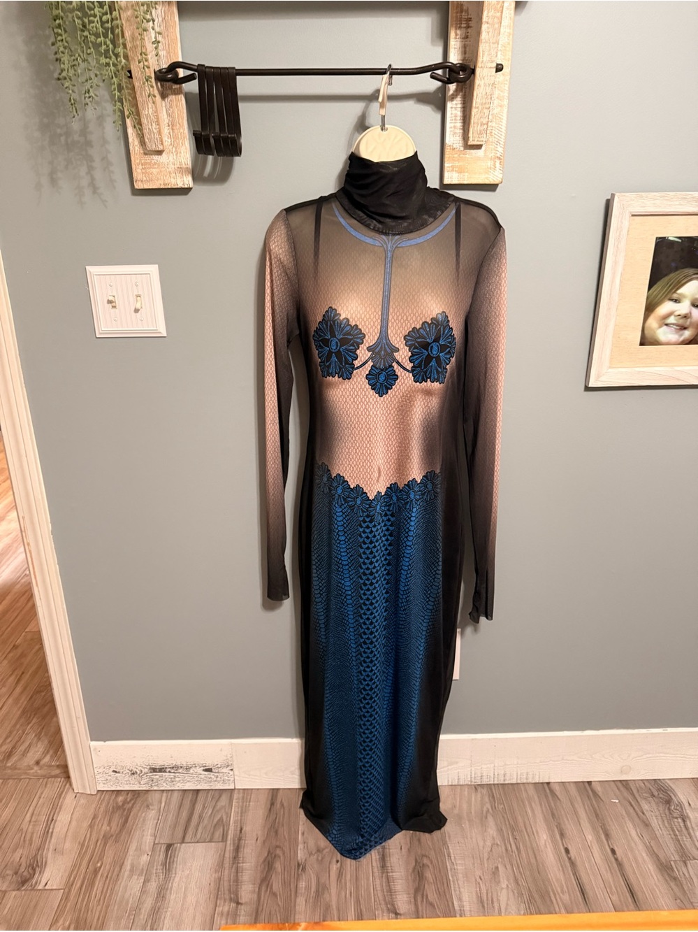 AFRM Sheer Black Maxi Dress with Blue Lace Appliqué. Size L